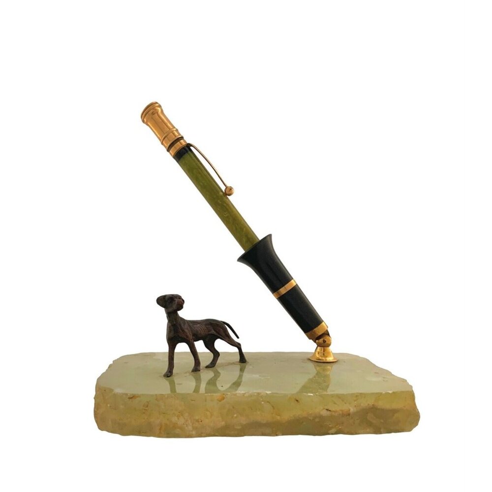 Dog Figurine on Onyx Base Vintage Pen Holder Office Decor